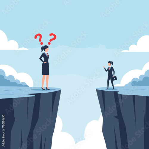 Two businesswomen standing on opposite cliffs with question marks above one