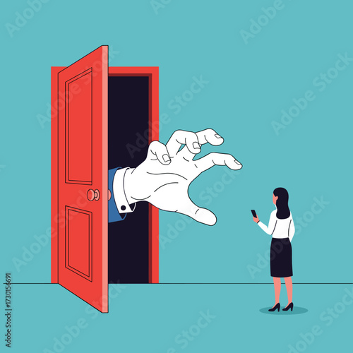 A giant hand emerges from an open door reaching towards a woman holding her phone.