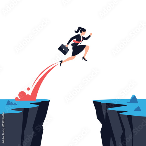 A determined businesswoman leaps across a wide chasm symbolizing overcoming challenges.
