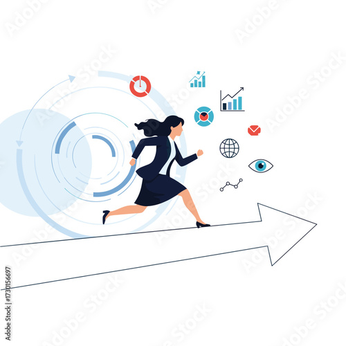 Businesswoman running forward on an upward trending arrow indicating growth and success.