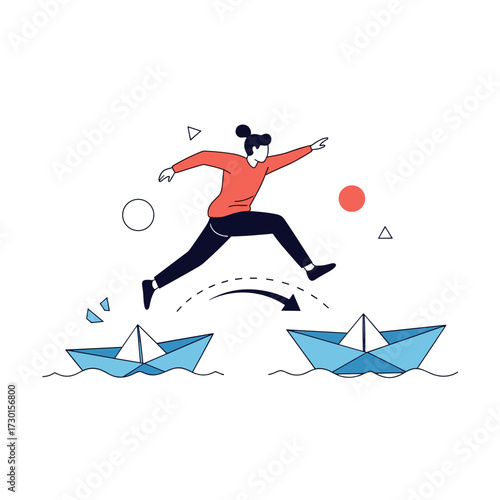 A person leaps from one paper boat to another across a calm sea.