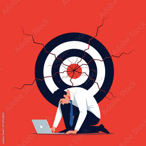 The crushing weight of unmet expectations and business failure as a man kneels in despair before a shattered target.