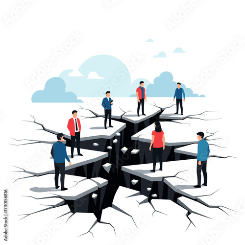 Individuals stand on separate fragments of a cracked earth representing division and isolation.