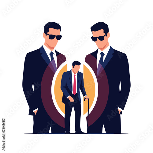 Two men in suits and sunglasses stand behind a smaller man in a suit holding a cane.
