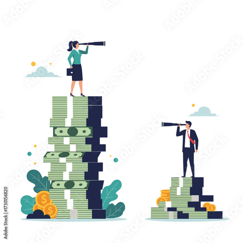 Financial growth and individual investment strategies observed through telescopes on piles of money.