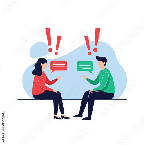 Two people arguing with speech bubbles and exclamation marks above their heads.