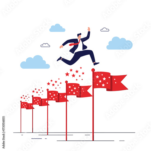 A determined businessman leaps over a series of red flags signifying progress and achievement.