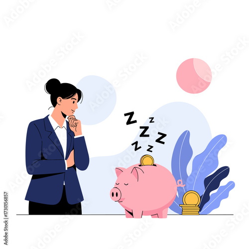 A woman thoughtfully observes a sleeping piggy bank filled with coins symbolizing savings.