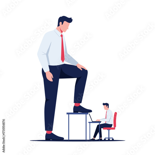 A giant businessman stands over a tiny coworker on a desk who is working on a laptop.