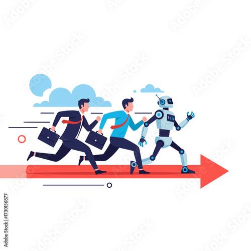 Artificial intelligence and humans racing forward on a red arrow representing progress and growth.