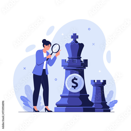 Strategic business planning and analysis using chess pieces and magnifying glass.
