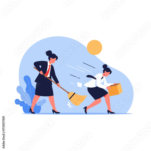 Businesswoman sweeping another businesswoman out of the office.