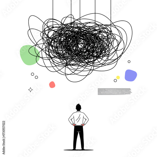 A person looking up at a tangled mess of lines and colorful shapes.