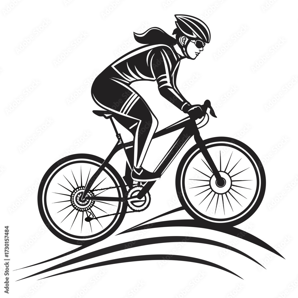 Naklejka premium Dynamic black and white illustration of a female cyclist in full gear wearing a helmet and sunglasses racing on a road bike with a sense of speed and motion