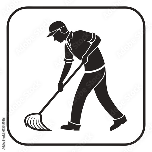 A stylized black and white silhouette icon of a person wearing a cap and uniform mopping the floor with a broom inside a rounded square border representing cleanliness and janitorial services