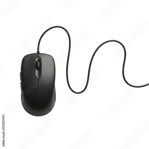 A single dark gray computer mouse with a coiled black wire is isolated on a pure black background representing digital input and technology
