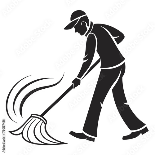 A stylized silhouette of a person wearing a cap and casual clothing actively mopping the floor with a mop creating a sense of movement and cleanliness isolated on a white background