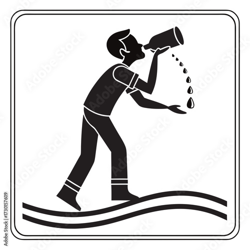 A stylized black silhouette of a person drinking from a bottle with liquid spilling onto their hand and the ground below representing thirst or refreshment