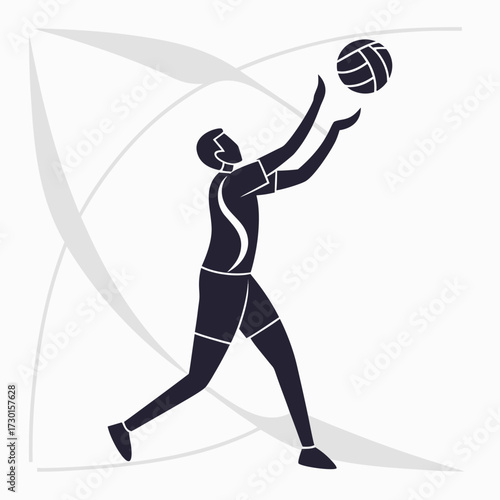 Stylized silhouette of a male volleyball player in action tossing the ball up for a serve or spike with abstract curved lines in the background