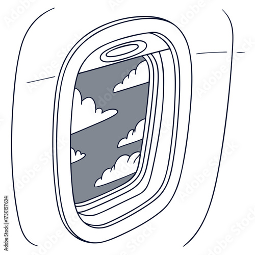 Illustration of an airplane window with clouds
