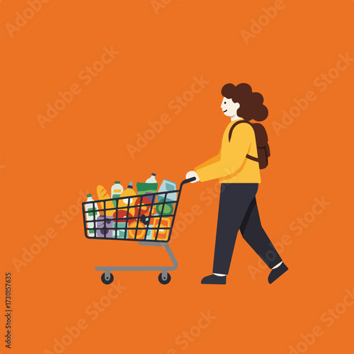 Person pushing full shopping cart with groceries on orange background