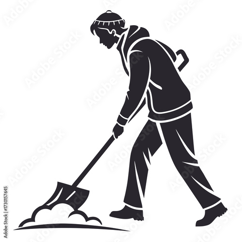 A person wearing a hat and jacket is shoveling snow or dirt in a stylized silhouette illustration