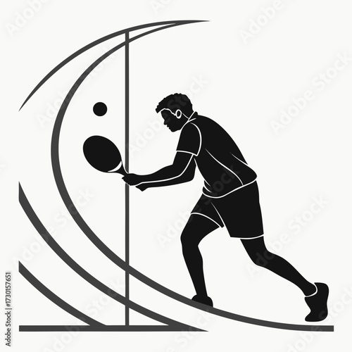 Dynamic silhouette of a male tennis player in action mid serve with abstract curved lines representing motion and energy isolated on white background