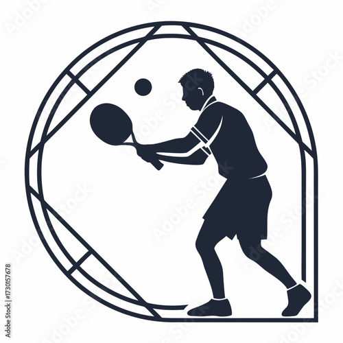 Silhouette of a male tennis player in action hitting a ball with a racket inside a stylized circular frame representing a tennis court or trophy