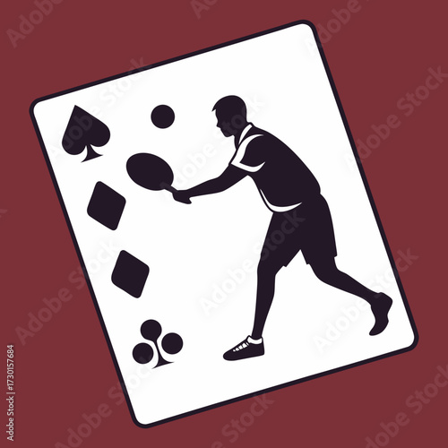 Silhouette of a male table tennis player in action on a playing card with spades diamonds and clubs suits and a ping pong ball