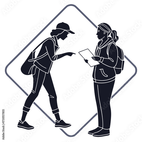 Two young women in silhouette one wearing a cap and carrying a bag points at a document held by the other who has a backpack