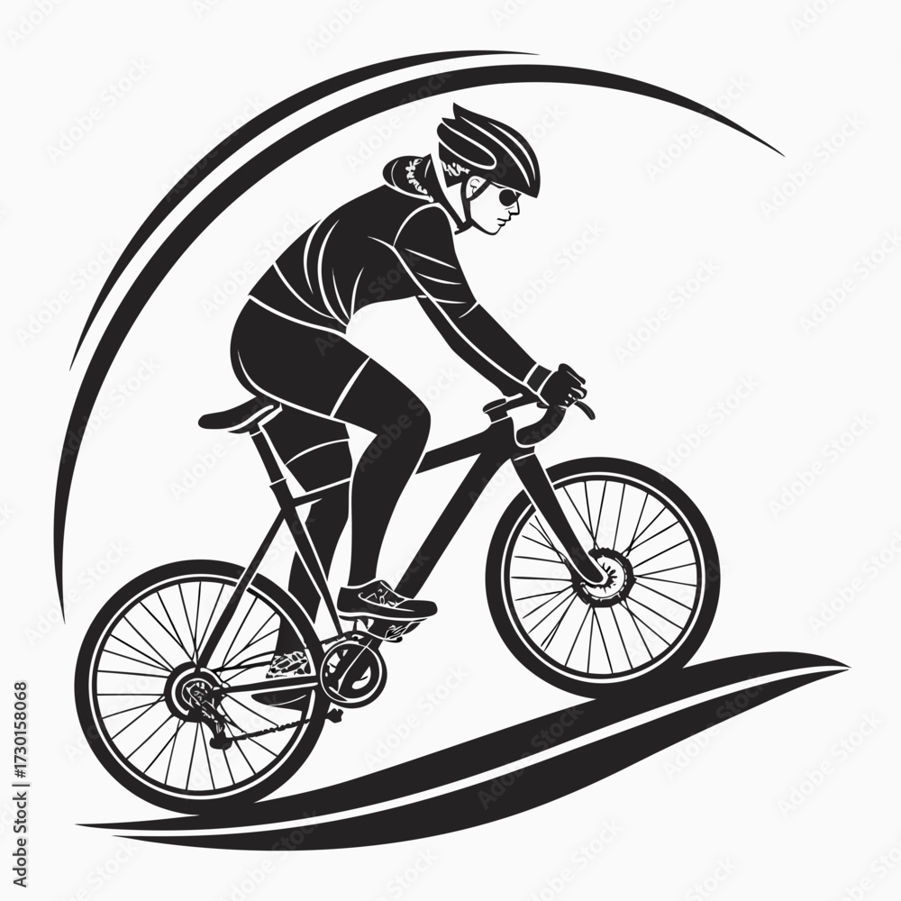 Naklejka premium Dynamic silhouette of a professional cyclist in full gear riding a road bicycle with speed lines and abstract curves representing motion and competition