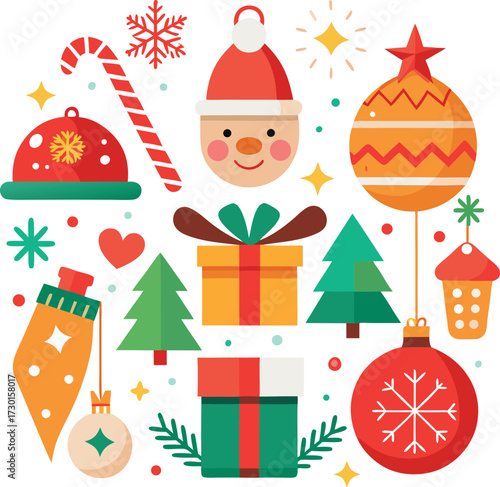 Vector art of a delightful composition of christmas symbols including a snowman face, candy cane, gift boxes, trees, ornaments, and snowflakes, all isolated on a