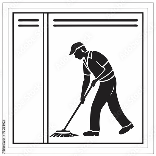 Silhouette of a diligent cleaner wearing a cap and uniform diligently sweeping the floor with a broom in a stylized modern graphic representation of a room or workspace