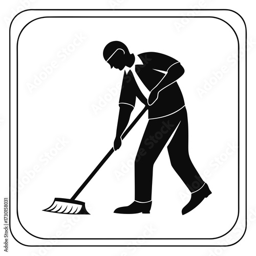 A simple black and white pictogram of a person wearing a cap and short sleeved shirt sweeping the floor with a broom inside a rounded square frame