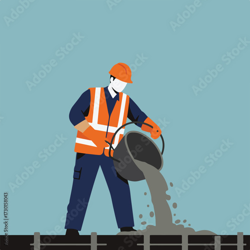 Construction worker pouring cement from a bucket, wearing protective gear