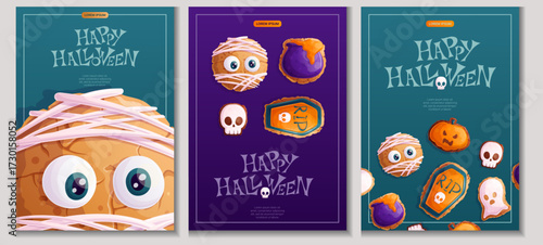 A set of Halloween design templates. Cookies in the form of a mummy, a cauldron, a ghost, a pumpkin, a skull. "Trick or treat." Isolated vector illustration for the design of posters, banners