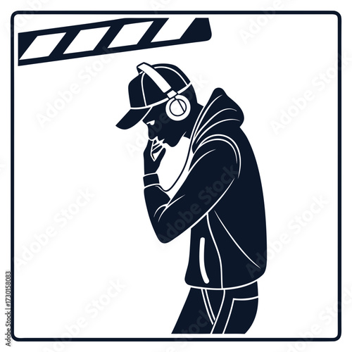 A thoughtful film director wearing headphones and a baseball cap with a clapperboard above contemplating a scene or shot