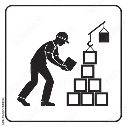 A construction worker wearing a hard hat stacks boxes with a crane lifting a package in the background symbolizing logistics and building