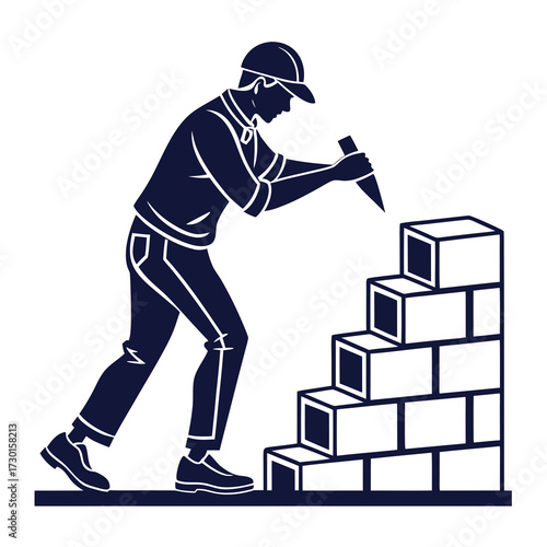 A silhouette of a construction worker wearing a cap and work clothes meticulously laying bricks to build a staircase structure with a tool in hand against a white background
