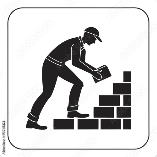 Silhouette of a construction worker wearing a cap and work clothes carefully placing a brick to build a rising wall or staircase symbolizing progress and development