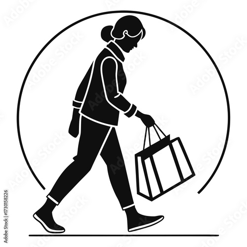 Stylized black and white silhouette of a woman walking with shopping bags inside a circular frame representing a shopping journey or experience