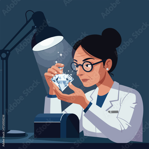 Woman in lab coat inspects a sparkling diamond under a lamp's light