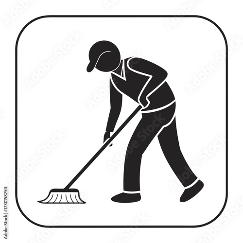 A stylized black and white icon depicting a person wearing a cap and vest actively sweeping the floor with a broom symbolizing cleaning and maintenance tasks