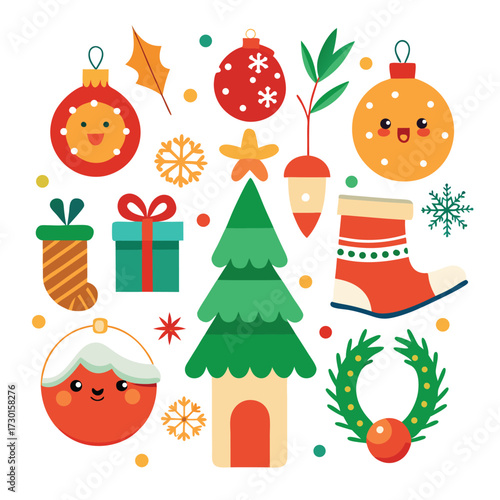 Vector art of a vibrant collection of christmas icons with cute faces, including ornaments, a christmas tree, stockings, a gift box, a wreath, and a lantern, all isolated on a