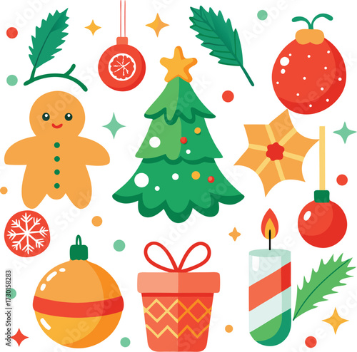 Vector art of cute christmas elements collection with gingerbread man, decorated tree, ornaments, gift box, candle, and pine branches