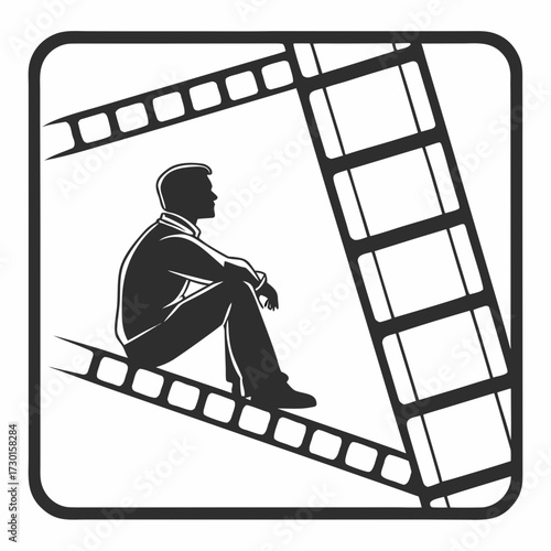 Silhouette of a man sitting on a film reel contemplating his cinematic journey within a stylized frame symbolizing reflection and storytelling