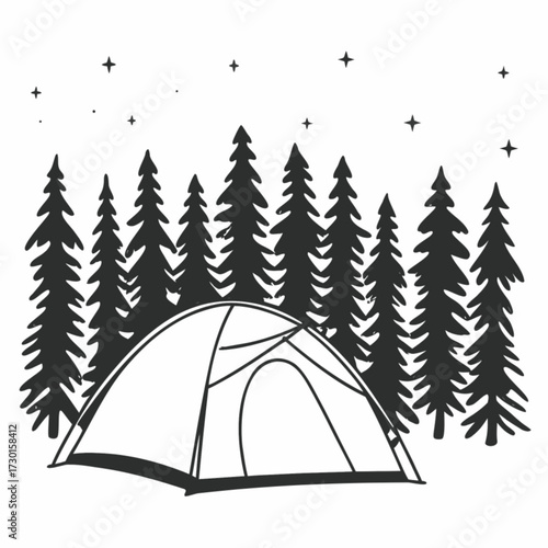 Minimilist camping scene with tent in front of pine trees under a starry night sky in black and white drawing style vector