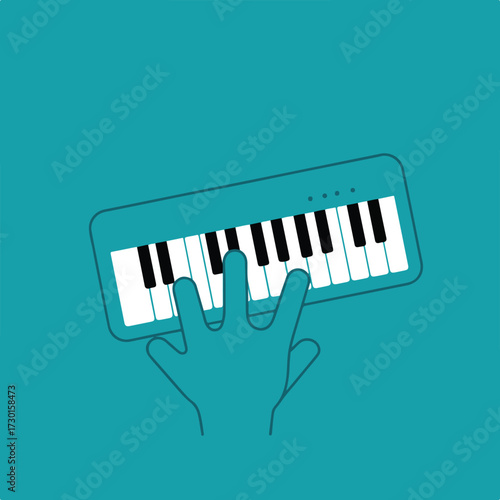 Teal piano keys with a hand playing it, flat design, on teal background