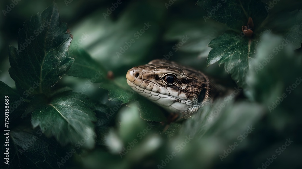 Obraz premium A detailed ro shot of a small lizard peeking out from lush green leaves in natural light