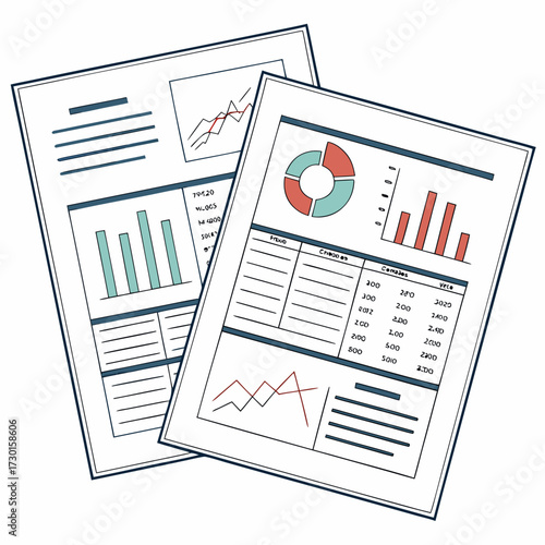 Two financial reports with charts and tables